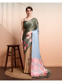 Suha - Green Colour Chic Satin with Bold Block Prints Saree with Unstitched Blouse