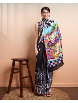 Suha - Black Satin with Vibrant Digital Prints For A Modern Saree with Unstitched Blouse