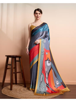 Suha - Grey Colour Elegant Satin with Beautiful Bird Prints Saree with Unstitched Blouse