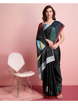 Suha - Black Colour Trendy Satin with Abstract Prints Saree with Unstitched Blouse