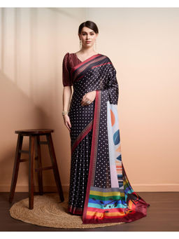 Suha - Navy Blue Playful Satin with Classic Polka Prints Saree with Unstitched Blouse