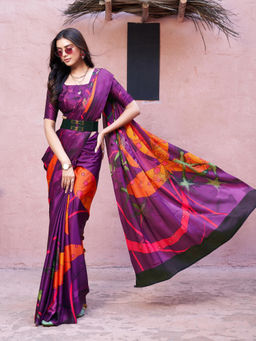 Suha - Purple Colour Soft Satin with Elegant Floral Prints Saree with Unstitched Blouse