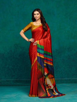 Suha - Red Colour Trendy Satin with Abstract Prints Saree with Unstitched Blouse