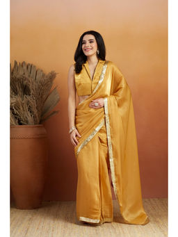 Suha - Mustard Luxurious Velvet Satin with Solid Pattern Saree with Unstitched Blouse
