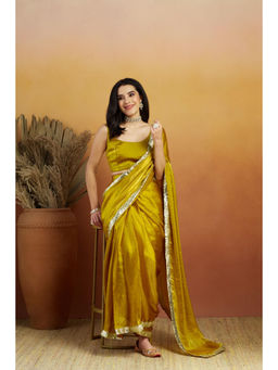Suha - Golden Luxurious Velvet Satin with Solid Pattern Saree with Unstitched Blouse