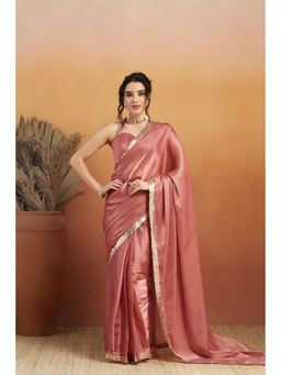 Suha - Dusty Pink Luxurious Velvet Satin with Solid Pattern Saree with Unstitched Blouse