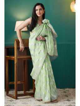Suha - Green Colour Elegant Organza with Printed Saree with Unstitched Blouse