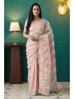 Suha - Peach Colour Elegant Organza with Printed Saree with Unstitched Blouse