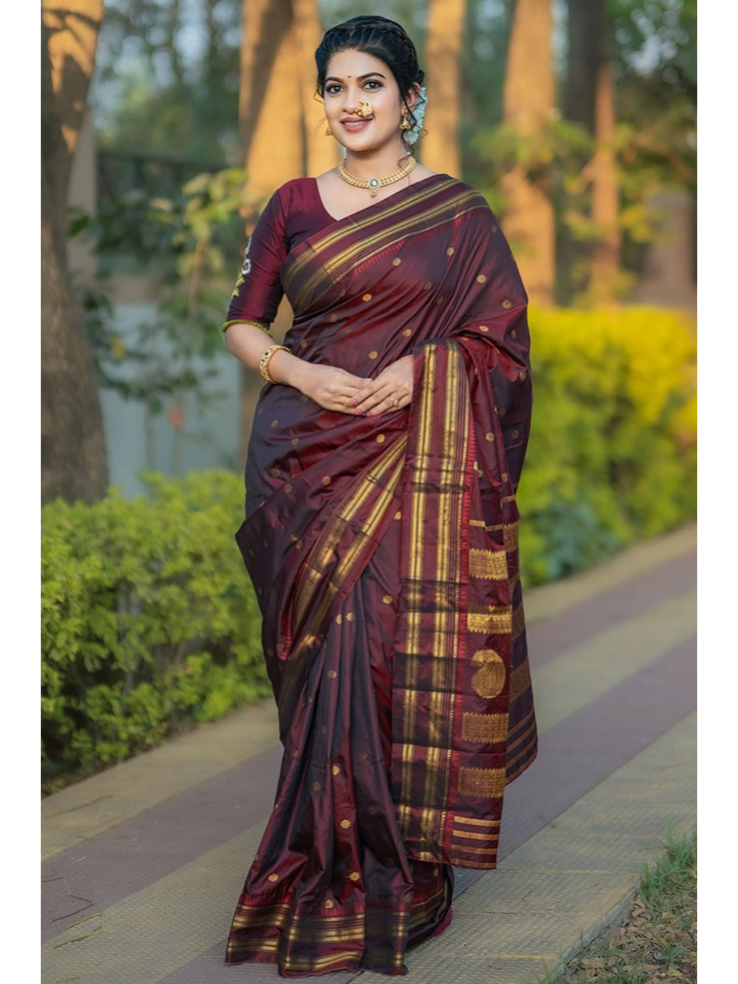 Brown Women Kanjivaram Soft Silk Saree with Unstitched Blouse