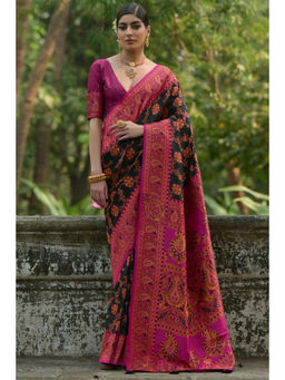 SGF11 - Black Women Kanjivaram Soft Silk Handloom Saree with Unstitched Blouse