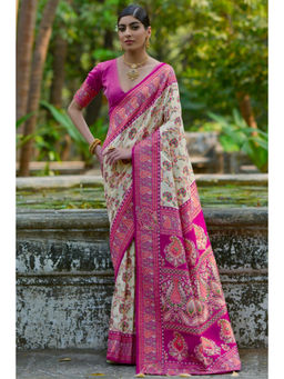 SGF11 - Cream Women Kanjivaram Soft Silk Handloom Saree with Unstitched Blouse