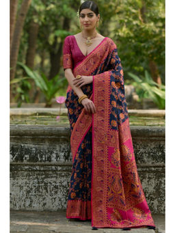 SGF11 - Dark Blue Women Kanjivaram Soft Silk Handloom Saree with Unstitched Blouse