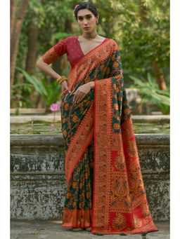 SGF11 - Dark Green Women Kanjivaram Soft Silk Handloom Saree with Unstitched Blouse