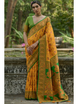 SGF11 - Yellow Women Kanjivaram Soft Silk Handloom Saree with Unstitched Blouse