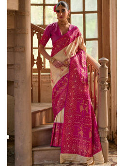 SGF11 - Cream Women Kanjivaram Soft Silk Handloom Saree with Unstitched Blouse