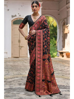 SGF11 - Black Women Kanjivaram Soft Silk Handloom Saree with Unstitched Blouse