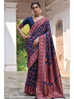 SGF11 - Dark Blue Women Kanjivaram Soft Silk Handloom Saree with Unstitched Blouse