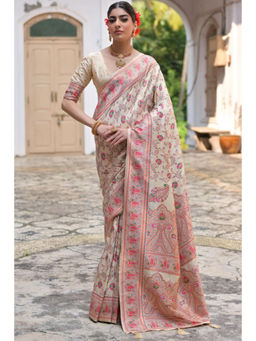 SGF11 - White Women Kanjivaram Soft Silk Handloom Saree with Unstitched Blouse