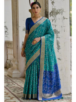 SGF11 - Blue Women Kanjivaram Soft Silk Patola Handloom Saree with Unstitched Blouse