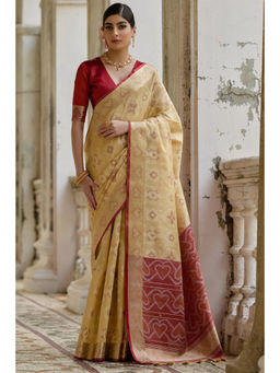 SGF11 - Cream Women Kanjivaram Soft Silk Patola Handloom Saree with Unstitched Blouse