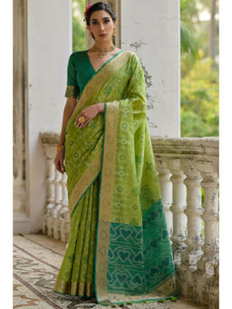 SGF11 - Green Women Kanjivaram Soft Silk Patola Handloom Saree with Unstitched Blouse