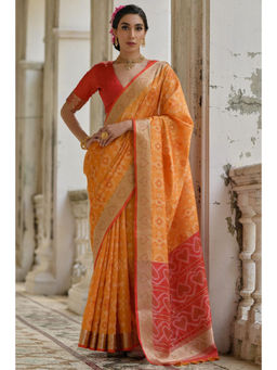 SGF11 - Yellow Women Kanjivaram Soft Silk Patola Handloom Saree with Unstitched Blouse