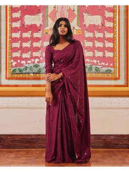 Rihaa - Raseeli Burgundy Mirrorwork Cotton Saree with Unstitched Blouse