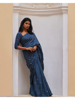 Rihaa - Varsha Blue Mirrorwork Cotton Saree with Unstitched Blouse