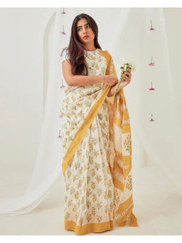 Rihaa - Beige Floral Buti Chanderi Saree with Unstitched Blouse