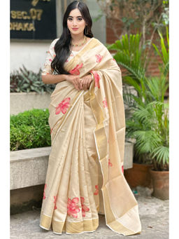 SGF11 - Cream Pink Women Tissue Silk Saree with Unstitched Blouse