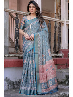 SGF11 - Rama Blue Women Cotton Linen Saree with Unstitched Blouse