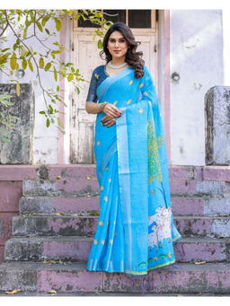 SGF11 - Light Blue Women Cotton Linen Saree with Unstitched Blouse