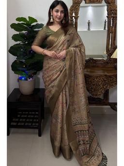 SGF11 - Mahendi Green Women Cotton Linen Saree with Unstitched Blouse