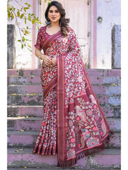 SGF11 - Maroon Women Cotton Linen Saree with Unstitched Blouse