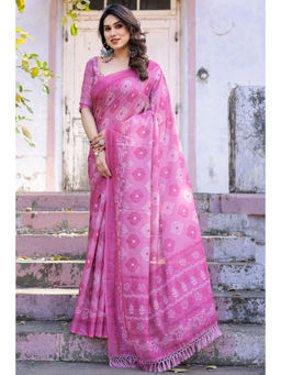 SGF11 - Pink Women Cotton Linen Saree with Unstitched Blouse