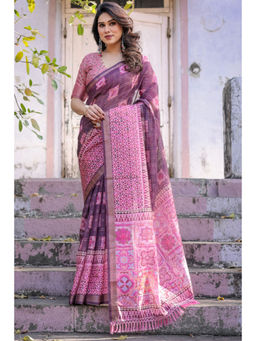 SGF11 - Purple Pink Women Cotton Linen Saree with Unstitched Blouse