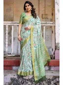 SGF11 - Pista Green Women Cotton Linen Saree with Unstitched Blouse