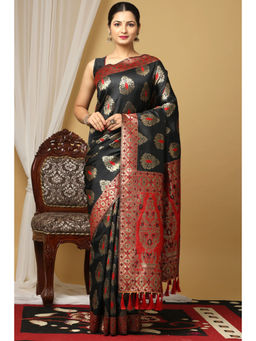 SGF11 - Black Women Kanjivaram Soft Silk Saree with Unstitched Blouse