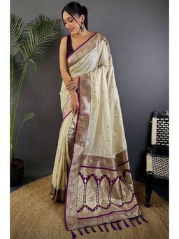 SGF11 - Cream Women Kanjivaram Satin Soft Silk Saree with Unstitched Blouse