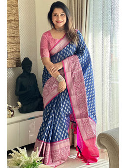 SGF11 - Blue Women Kanjivaram Soft Silk Saree with Unstitched Blouse