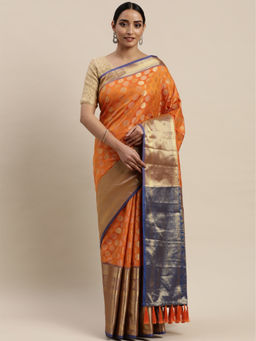 SGF11 - Orange Women Kanjivaram Soft Silk Saree with Unstitched Blouse