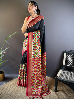 SGF11 - Black Women Chanderi Silk Printed Patola Saree with Unstitched Blouse