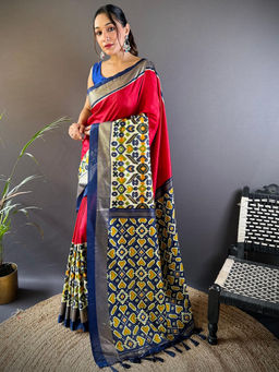 SGF11 - Red Women Chanderi Silk Printed Patola Saree with Unstitched Blouse