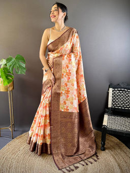 SGF11 - Orange Women Kanjivaram Printed Soft Silk Kalamkari Saree with Unstitched Blouse