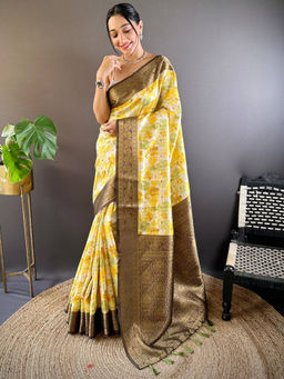 SGF11 - Yellow Women Kanjivaram Printed Soft Silk Kalamkari Saree with Unstitched Blouse