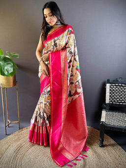 SGF11 - Cream Women Kanjivaram Printed Soft Silk Kalamkari Saree with Unstitched Blouse