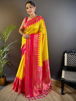 SGF11 - Yellow Pink Women Kanjivaram Soft Silk Gadwal Pattu Saree with Unstitched Blouse