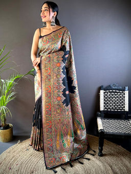 SGF11 - Black Women Kanjivaram Soft Silk Saree with Unstitched Blouse