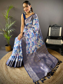 SGF11 - Blue Women Kanjivaram Printed Soft Silk Kalamkari Saree with Unstitched Blouse