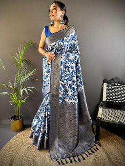 SGF11 - Navy Blue Women Kanjivaram Printed Silk Kalamkari Saree with Unstitched Blouse